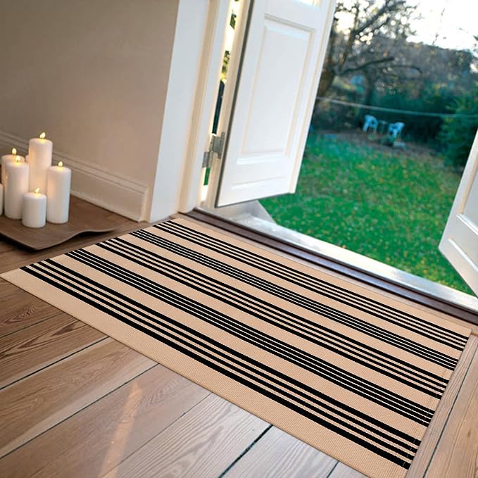LEEVAN 3'X5' Black and Tan Striped Woven Cotton Reversible Outdoor Rug | Small Machine Washable Front Porch Rug, Entryway Door Mat, Indoor Layering Carpet for Farmhouse Bathroom Laundry