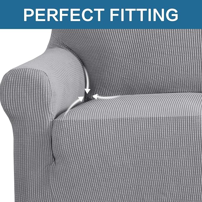 H.VERSAILTEX Stretch Couch Covers for Sofa 1 Piece Slipcovers for Couches and Sofas 3 Seater Couch Cover Feature Thick Checked Jacquard Fabric with Elastic Bottom(Large Sofa 90"-100" Wide, Dove)