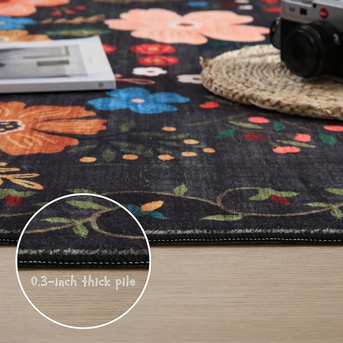 Rugcomf Area Rugs 8x10 Rug for Living Room Clearance Washable Boho Area Rug Non Slip Floral Vintage Low Pile Large Rug for Living Room, Bedroom, Farmhouse, Dining Room, Kids Playroom(Black)
