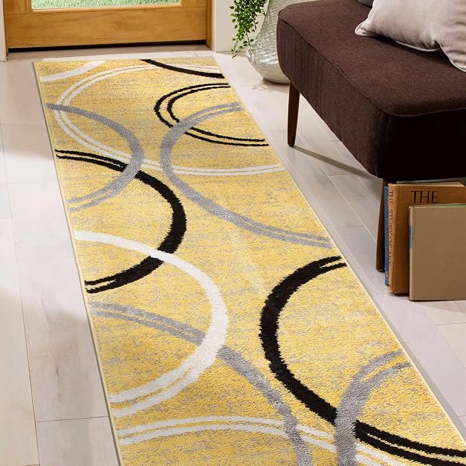 Rugshop Wavy Circles Fade-Resistant Living Room Runner Rug Yellow 2' x 7'2" | Rectangular, Size 2' x 7'2", Bedroom, Dining Room, Home Office, Kitchen, Entryway, Hallway, Nursery, Kids Room, Guest Room