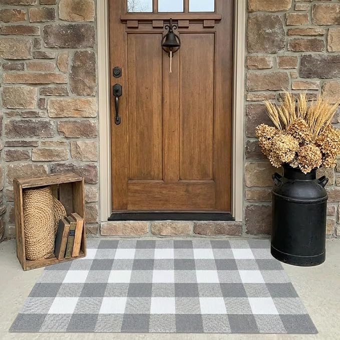 Buffalo Plaid Outdoor Rug 27.5" x 43" Gray and White Checkered Area Rug Washable Doormats Indoor Outdoor Rugs for Layered Front Door Mats, Porch, Entryway, Kitchen, Farmhouse