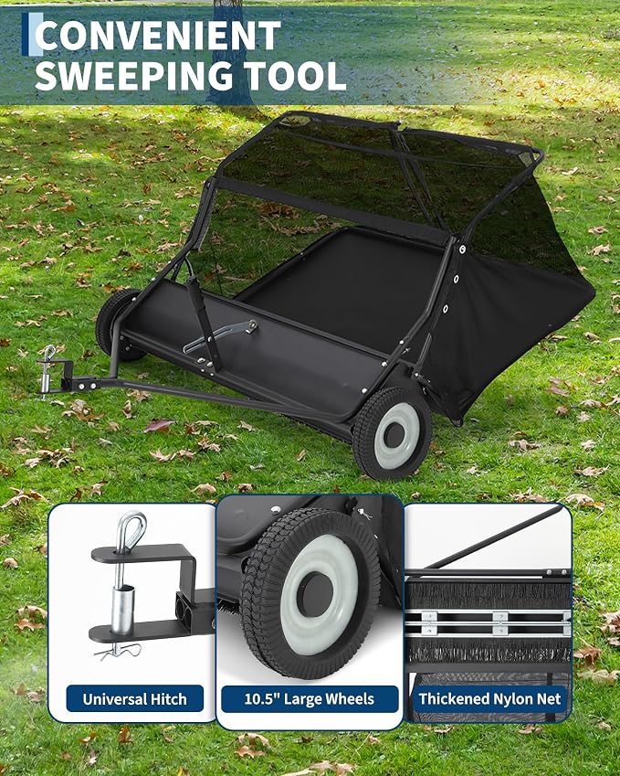 48" Lawn Sweeper Tow Behind, 26 Cu.Ft Capacity Pull Behind Yard Sweeper