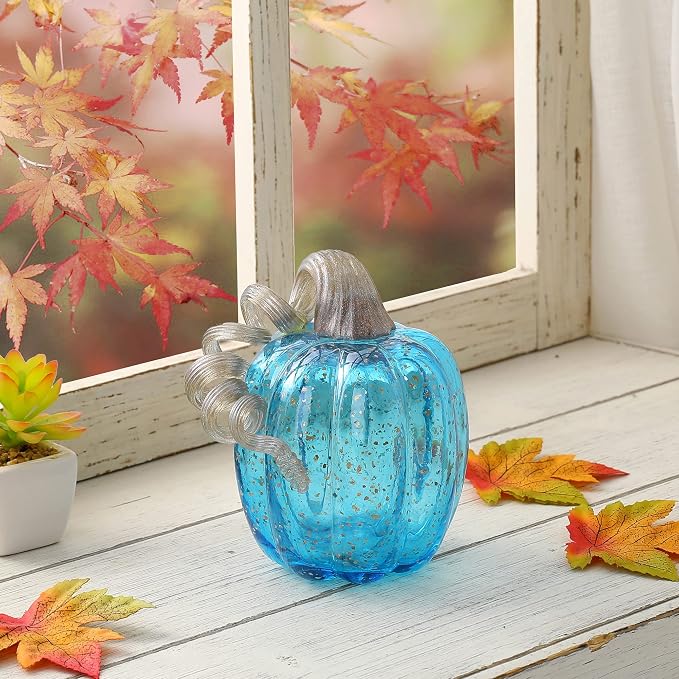 Glitzhome Decorative Hand Blown Glass Pumpkin Figurine, 6.1" H, Blue