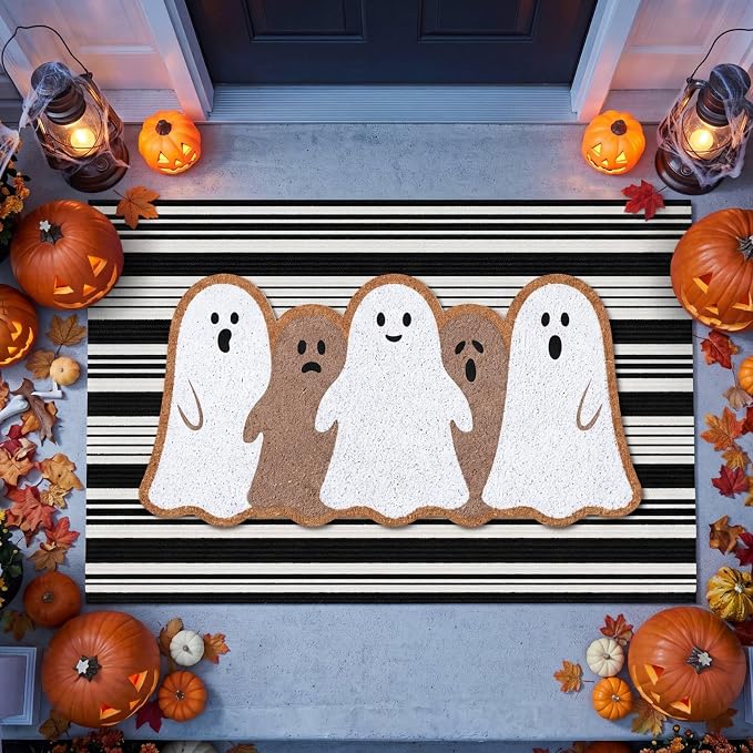 Moucuny 2 Pcs Halloween Coir Doormat Outdoor Ghost Welcome Mat with Black and White Stripe Area Rug Halloween Outdoor Doormat for Front Door Porch Entryway Decor, 16'' x 28'', 24'' x 35''