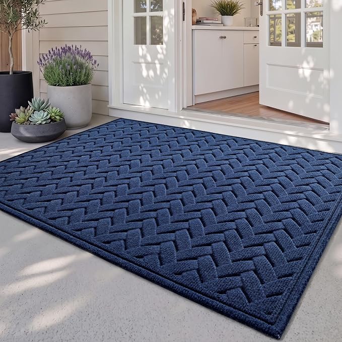 DEXI Front Door Mat Outside Entrance, 3x5 Heavy Duty Entry Doormat Dirt Trapper with Rubber Back, Non Slip Low Profile Floor Mats for Entryway Exterior Patio, Wave Navy