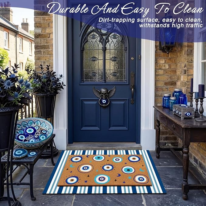 Tinideya 2 Pcs Blue Evil Eye Layered Doormat Set, Boho Evil Eye Doormat with Blue White Striped Rug, Mediterranean Porch Decor for Entryway Patio Outdoor