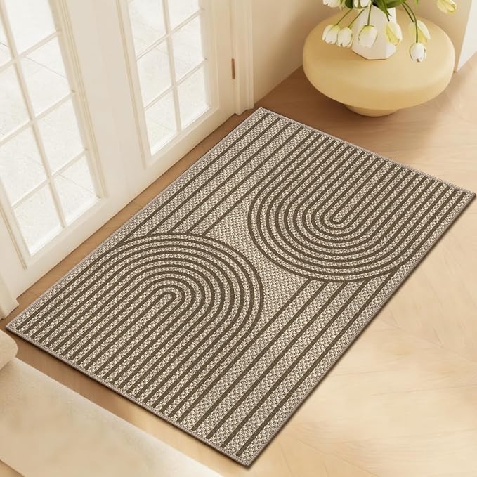 Faux Jute Front Door Mat, 2' x 3' Entryway Porch Rug, Brown Farmhouse Ultra-Thin Washable Non-Slip Mat for Indoor Foyer & Outdoor Patio Decor
