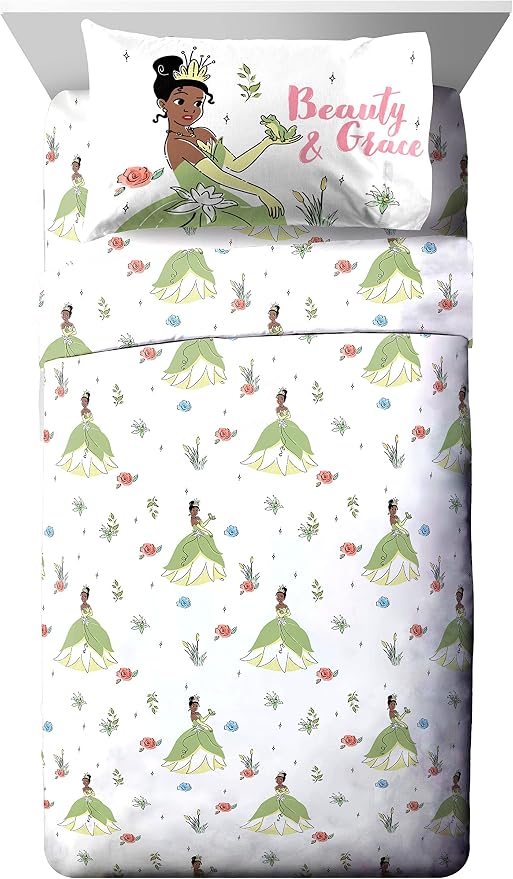 Disney Princess Tiana Full Comforter Set 7 Piece Kids Bedding, Pink | Bed in a Bag, Comforter Sheets Shams Pillowcases, Soft Microfiber, Machine Washable, Girls Gift
