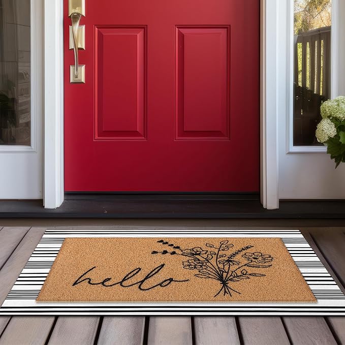 Tinideya 2 Pcs Farmhouse Welcome Mats for Front Door, Hello Floral Layered Doormat Set with Black White Striped Rug, Front Porch Rug Set for Entryway Patio Outdoor Decor