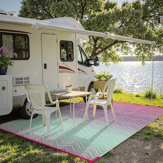 Lahome Outdoor Rugs 8x10 Waterproof, Reversible Plastic Large Outdoor Rug for Patios, Outside RV Mat Carpet for Patio Deck Porch Backyard Balcony Picnic Trailer(Purple/Blue, 8' x 10')