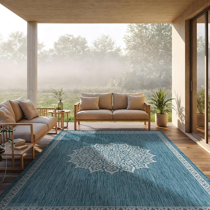 CAMILSON Outdoor Rug 8x10 Medallion Aqua Modern Area Rugs for Indoor and Outdoor Patios Kitchen and Hallway Mats Washable Porch Deck Outside Carpet (Medallion Aqua 8 x 10)