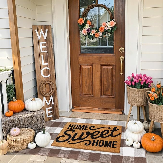 KIMODE Fall Decor Front Door Mat Buffalo Plaid Outdoor Rug 24"x51" Brown and White Checkered Rug Farmhouse Fall Thanksgiving Front Porch Rug Cotton Washable Layered Doormats Autumn Mats