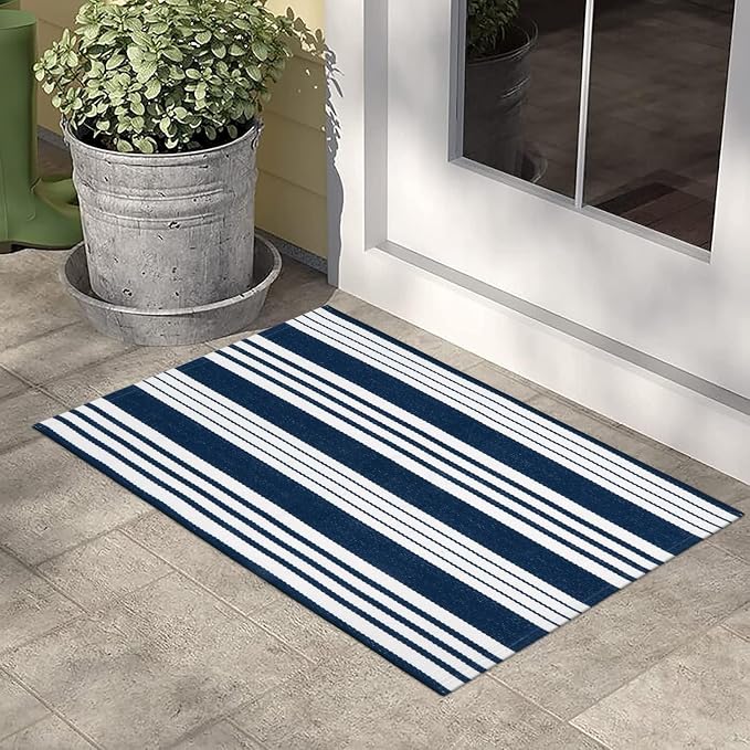 OJIA Front Door Mats Outdoor Welcome Mat 2'x3' Striped Rugs Porch Decor | Washable Cotton Woven Indoor Outdoor Rugs Farmhouse Small Area Rug Layered Doormat for Entryway/Kitchen/Entrance/Patio Decor