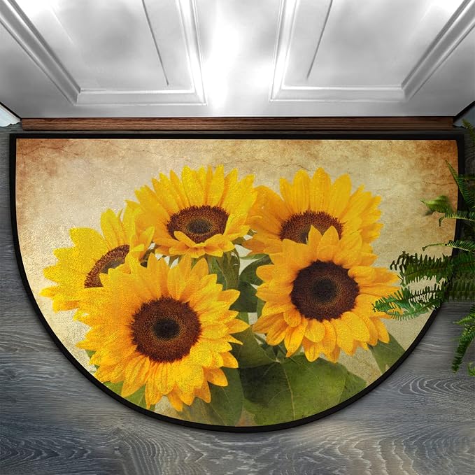 Pardick Half Round Doormat Retro Flower Sunflower Non-Slip Half Circle Area Rug Durable Washable Runner Mat for Living Room Bedroom Indoor Outdoor Kitchen Floor Home Decor Half Moon Rug