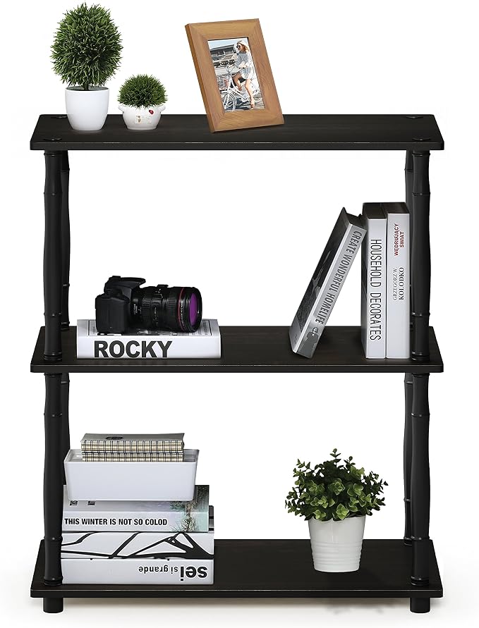 Furinno Turn-N-Tube 3-Tier Compact Multipurpose Shelf Display Rack with Classic Tube, Espresso/Black | Open Frame Corner Shelf, for Organization and Storage, Living Room, Garage, Home Office