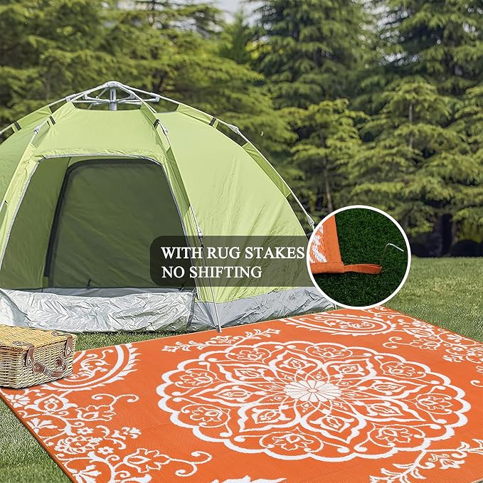 Pauwer Outdoor Rug 8x10, Waterproof Plastic Straw Camping Rug, Boho Orange | Reversible Patio Rug, UV Resistant Indoor Outdoor RV Mat Carpet For Deck, Camper, Porch, Balcony, Backyard, Picnic, Foldable