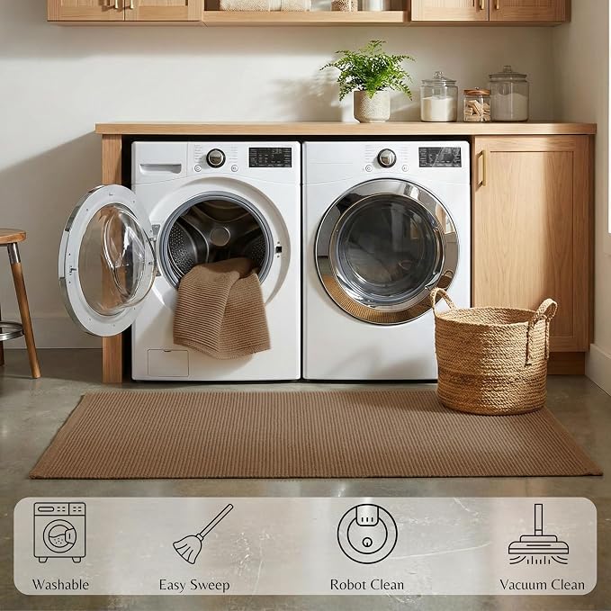 THE BEER VALLEY Woven Kitchen Runner Rug 2x6 Feet - Brown Mocha | Non Slip Outdoor Long Entry Door Runners for Hallways, Washable Indoor Bathroom Low Profile Rugs
