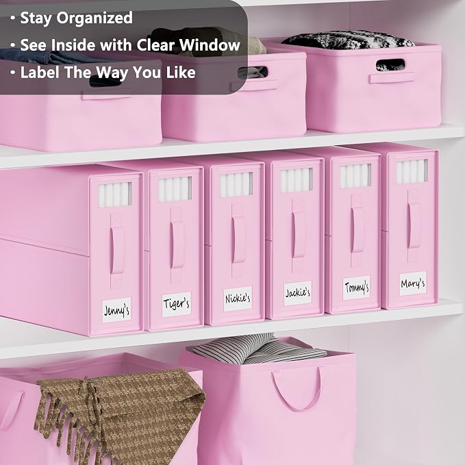 SUOCO SheetCube Bed Sheet Organizers and Storage 6 Pack, Foldable Linen Closet Organizer with Window and Label, Bedding Folder Storage Box Container for Blanket, Duvet Cover Set, Bed Sheet Set - Pink