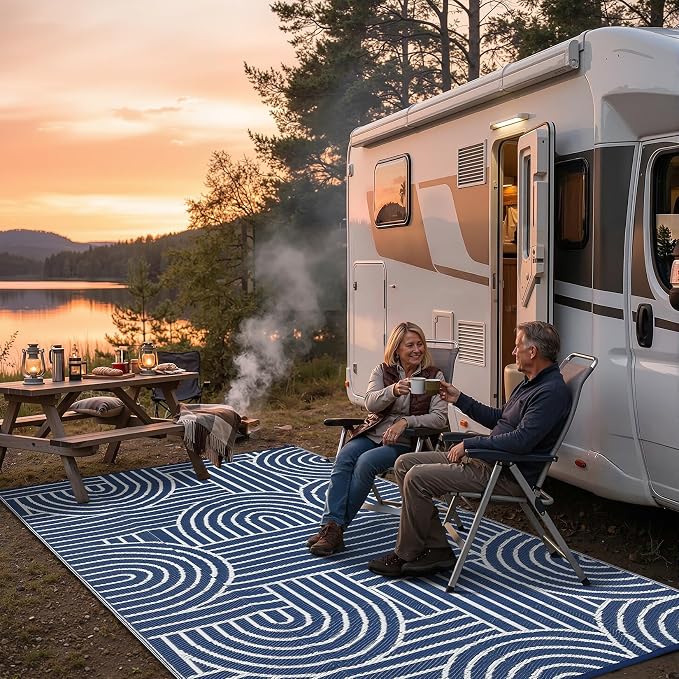 Garvee Reversible Rainbow Outdoor Rug 6x9, Waterproof Outdoor Plastic Straw Rug, RV Mat for Picnics, Patio, Camping, Balcony, Deck, Backyard, Porch, Blue
