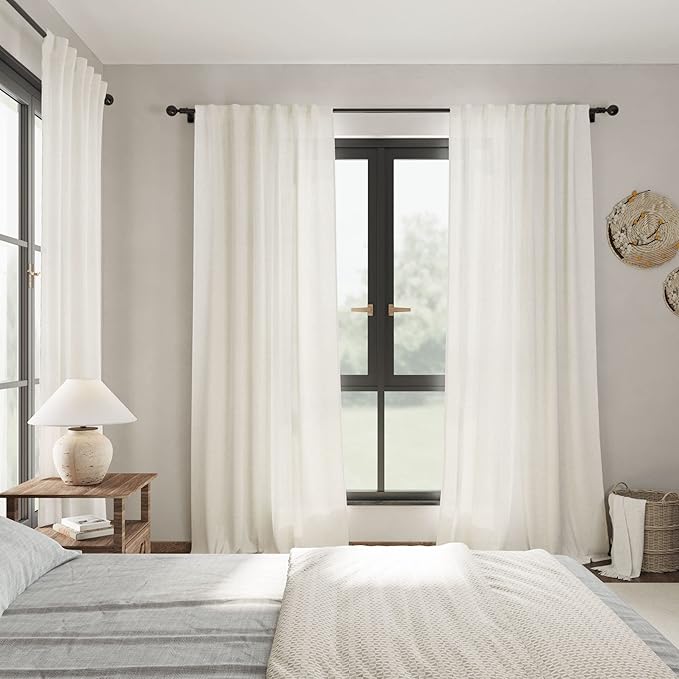 Cream Linen Back Tab Curtains 94 Inch Length for Living Room 2 Panel Set Neutral Modern Farmhouse Window Curtain Privacy Semi Sheer Linen Drapes Rustic Pinch Pleated Look Curtain Natural Ivory