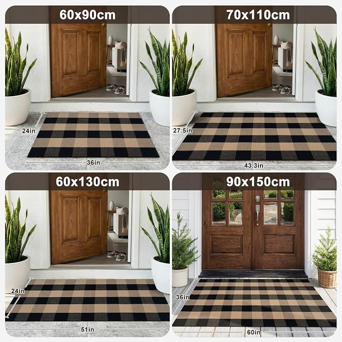 KIMODE Washable Outdoor Rug 3x5, Farmhouse Fall Front Door Mat, Black and Tan Checkered Patio Rug Carpet,Welcome Layering Rug for Front Porch Entryway Kitchen Outside Entrance