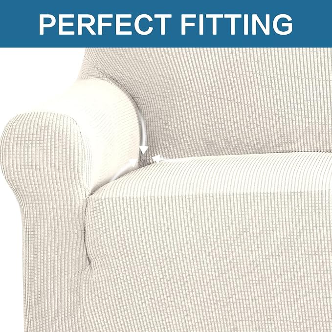 H.VERSAILTEX Stretch Sofa Covers for 3 Cushion Couch Covers Sofa Slipcovers for Living Room Feature Thick Checked Jacquard Fabric with Elastic Bottom, Sofa Large - Ivory