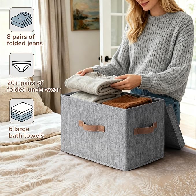 CHICVITA 4-Pack Medium Fabric Storage Bins with Lids for Closet,Grey | 15" x 9.8" x 10.2" Closet Storage Bins with Durable Support Plate, Toy Storage with Handles for Playroom