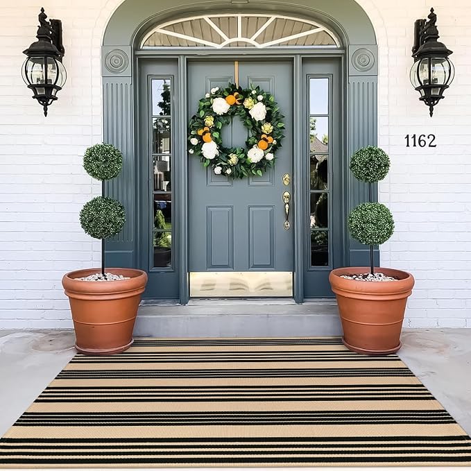 OJIA Outdoor Area Rugs 4'x6', Black and Tan Outdoor Patio Rug Porch Decor | Machine Washable Patio Rug Cotton Woven Entryway Rug Indoor Outdoor Rugs for Bedroom/Porch/Deck/Backyard/Camping/Living Room