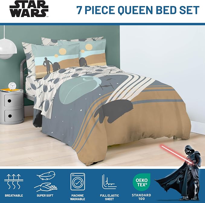 Star Wars Queen Comforter Set 7 Piece Soft Bedding for Boys, Multi | Bed in a Bag, Comforter Sheets Shams Pillowcases, Official Product, Soft Microfiber, Machine Washable, Boys Gift