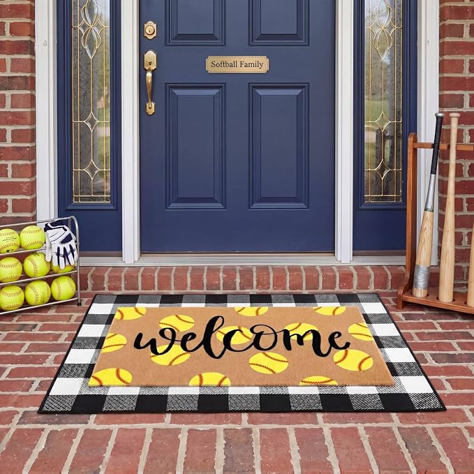 Tinideya 2 Pcs Softball Door Mat Welcome Non Slip Coir Mats Floor Layering Black and White Buffalo Plaid Doormats Seasonal for Front Porch Entryway Decor (23.6 x 35.4 Inches,Softball,Black, Brown)