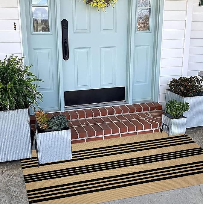 Khaki Black Outdoor Rug 2'x4.3',Striped Front Porch Rug Machine Washable Front Door Mat Entryway Throw Rug for Front Porch Indoor Outdoor Doormat