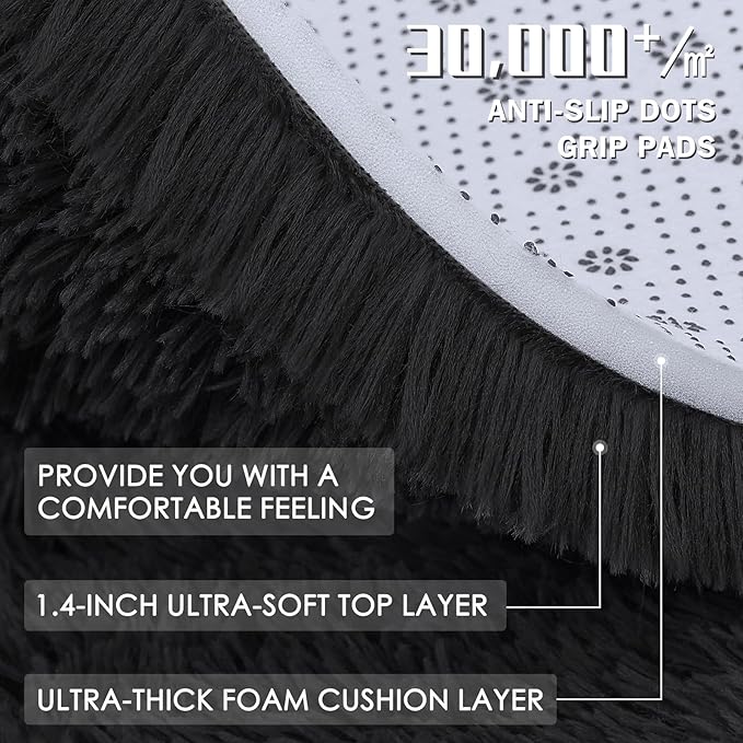 OLANLY Black Round Rugs for Bedroom - Machine Washable, 8 ft Circle Area Rugs for Living Room, Soft and Fluffy Shaggy Carpet for Teen Girls and Boys, Nursery Rooms, Dorms, Home Decor Aesthetic