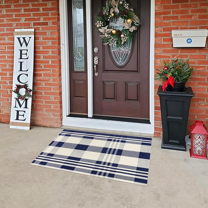 Buffalo Plaid Outdoor Rug 2x3 Navy and Off White Cotton Woven Area Rug Front Porch Mats Washable Indoor Outdoor Doormats Carpet for Entryway Farmhouse Decor