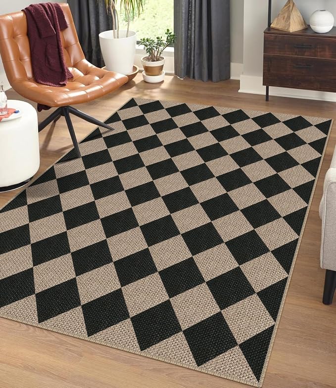 Rugalia Easy Jute Checkered Area Rug, 4x6 Black Modern Washable Rugs for Living Room Non-Slip Low Pile Entryway Mat, Farmhouse Diamond Indoor Outdoor Carpet for Kitchen Backyard Bedroom Office