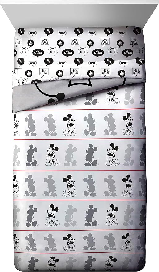 Disney Mickey Mouse Twin Comforter Set 4 Piece Cartoon Bedding, Gray | Bed in a Bag, Comforter Sheets Pillowcase, Official Product, Soft Microfiber, Machine Washable, Easy Care, Kids Gift