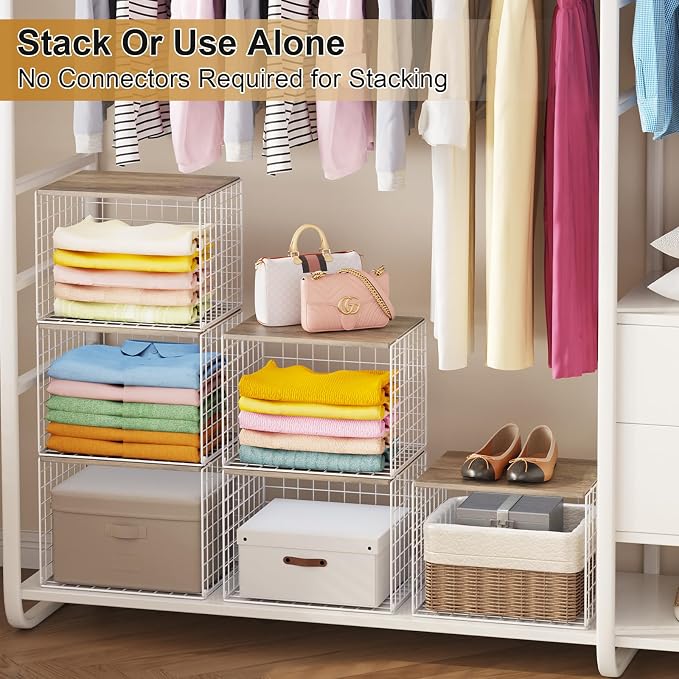 6 Pack Closet Organizers And Storage, Stackable Closet Shelf Organizer Storage Bin Basket For Clothes Sweaters With Top Board, Widened Opening, Heightened Height, Large Capacity, Sturdy, Space-saver