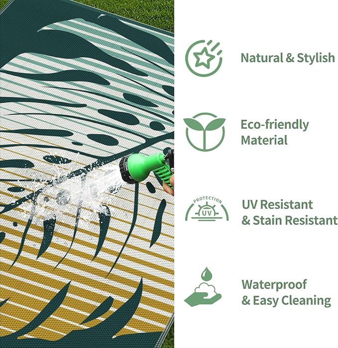GENIMO Outdoor Rug, Waterproof Plastic Rugs for Patio, 6'x9' Yellow Green | Outside Larger Leaf Carpet Mat for Porch Decor, Deck, Balcony, Camping, RV, Backyard, Picnic, Beach, Reversible, Foldable