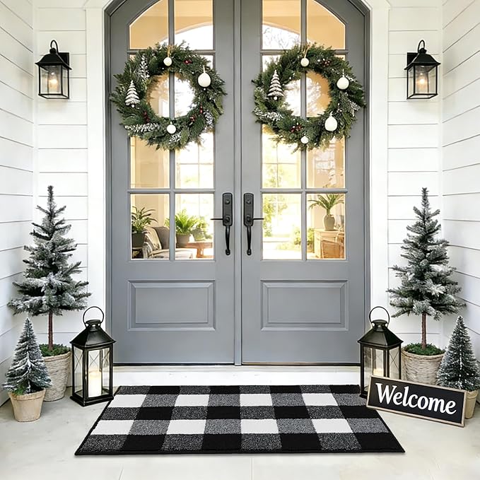 REFETONE Buffalo Plaid Indoor Outdoor Rug 24"x36", Black and White Checkered Front Door Mat with Non-Slip Rubber Back, Washable Low-Profile Entryway Rug for Porch, Kitchen, Layered Doormat Decor
