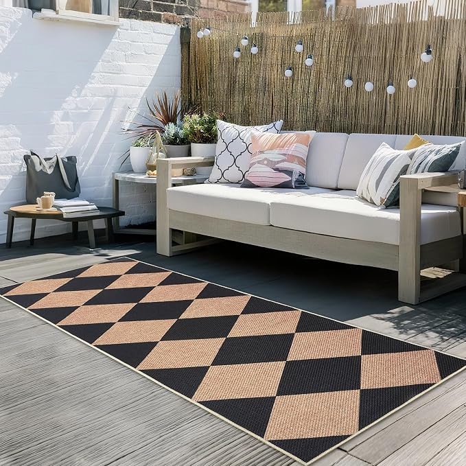 Garvee 2x8 Easy Jute Front Porch Rug, Modern Geometric Runner Rug with Non Slip Backing, Diamond Washable Rugs for Entryway, Stain Resistant Non Shedding Mats for Bedroom, Kitchen, Patio, Black/Brown