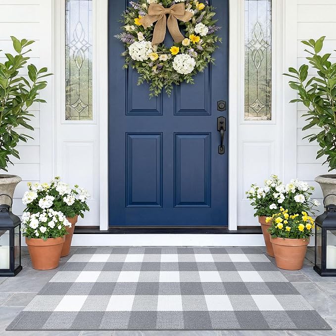 KOZYFLY Buffalo Plaid Area Rugs 2.3x3.6 Ft Grey and White Rug Washable Front Door Mat Woven Cotton Indoor Outdoor Rug for Front Porch Kitchen Entryway Patio Farmhouse Checkered Doormat