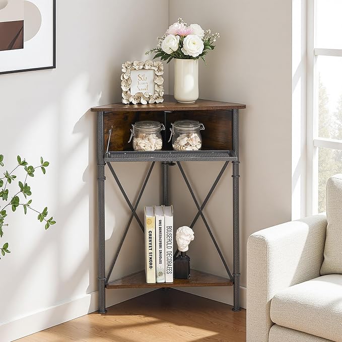 VECELO Corner Cabinet/Table, 3-Tier Display Shelves with Protection Door, Metal Frame Storage Shelf Organizer for Small Space, Living Room, Kitchen, Bathroom