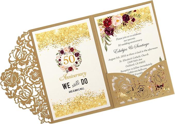 DORIS HOME 50Pcs Personalized Laser Cut Wedding Invitations, Gold | 4.7"x7.1", Customized Anniversary Invitations, With Envelopes