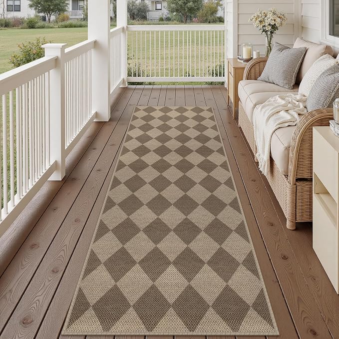 Rugalia Easy Jute Checkered Runner Rug, 2.6x8 Brown Modern Washable Rugs Runner for Hallway Non-Slip Kitchen Runner Rug, Geometric Diamond Indoor Outdoor Carpet for Porch Laundry Entryway