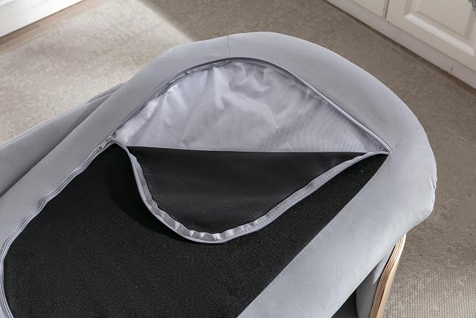 Scandinavian Style Elevated Dog Bed Pet Sofa with Solid Wood Legs and Bent Wood Back, Velvet Cushion, Large Size, Natural Frame & Light Grey Cushion