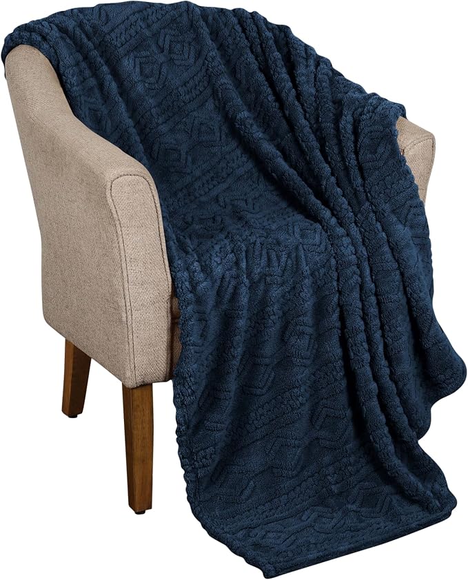 SUPERIOR Fleece Boho Jacquard Blanket, Decorative Blankets for Bedroom, Sofa, Fuzzy, Plush, Fluffy, Soft, Cute Room Decor, Beautiful Cover, Comfort Essentials, Arctic Collection, Twin, Navy Blue
