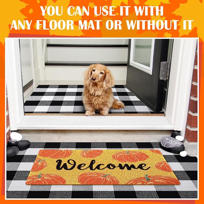 Geelin 2 Pcs Fall Front Door Mat Welcome Mat Outdoor Decorative Doormat Non Slip Buffalo Checkered Rug for Indoor Outdoor(Welcome Pumpkin)