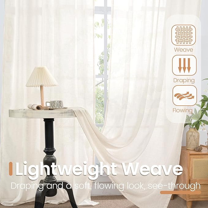 BGment 96 Inches Long Linen Curtains for Living Room - Natural Semi Sheer Drapes for Bedroom Dining Room Floor Length Lightweight Rustic with Rod Pocket Light Filtering, 2 Panels Set, 52 X 96 Inch