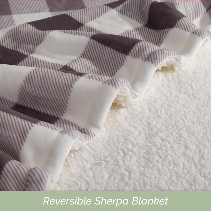Elegant Comfort Ultra Soft Reversible Buffalo Plaid Flannel Sherpa Blanket - Cozy Silky Checkered Fleece Throw for Couch, Bed - Plush Fuzzy Warm Winter Blanket for Gift, Twin, Gray