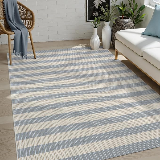 OJIA Striped Area Rug 5'x7' Outdoor Rug, Washable Patio Rugs Camping Rug | Farmhouse Cotton Woven Bedroom Rugs Indoor Outdoor Rugs Living Room Carpet for Dining Room Deck Backyard Camping Blue/White