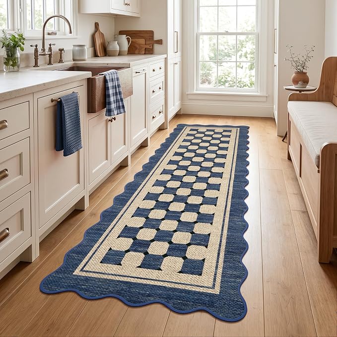 Garvee Scalloped Washable 2x6 Kitchen Runner Rug, Easy Jute Checkered Navy Rugs for Entryway Hallway, Indoor Outdoor Non Slip Rug Farmhouse Modern Carpet Door Mat for Porch Bedroom Laundry Room 2'x6'